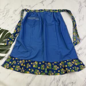 Vintage 80s Hostess Half Apron Blue Yellow Strawberry Floral Ruffle Cottage